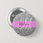 Glam Pink & Silber Glitter Funkeln Monogramm Name Button (Vorne & Hinten)