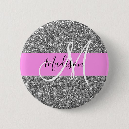 Glam Pink & Silber Glitter Funkeln Monogramm Name Button (Vorderseite)
