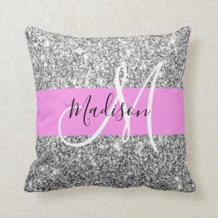 Glam Pink & Silber Glitter Funkeln Monogramm Name Kissen