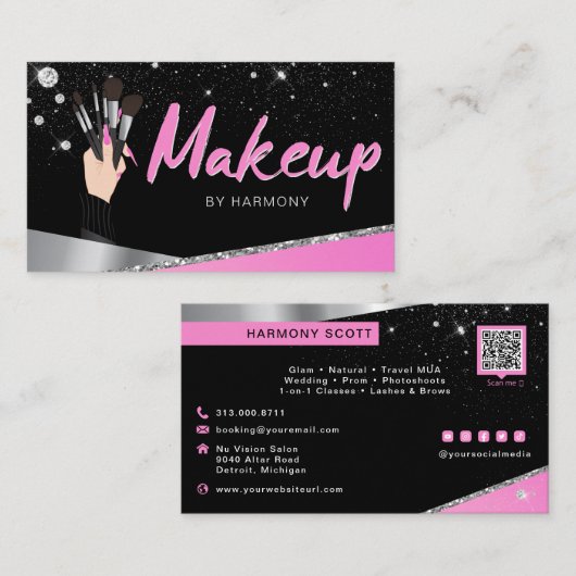 Glam Pink Silver Diamonds Makeup Artist MUA Visitenkarte (Vorne/Hinten)