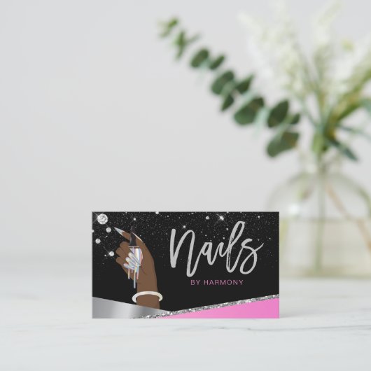 Glam Pink Silver Diamonds Nail Salon Tech Artist Visitenkarte (Stehend Vorderseite)