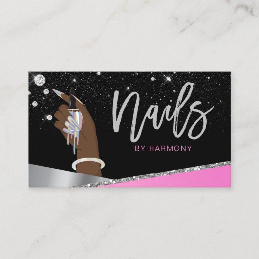Glam Pink Silver Diamonds Nail Salon Tech Artist Visitenkarte (Vorderseite)