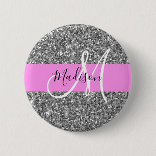 Glam Pink & Silver Glitzer Glitzern Monogramm Name Button