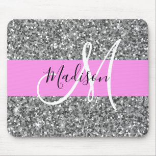 Glam Pink & Silver Glitzer Glitzern Monogramm Name Mousepad