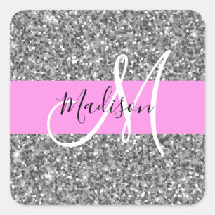 Glam Pink & Silver Glitzer Glitzern Monogramm Name Quadratischer Aufkleber