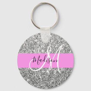 Glam Pink & Silver Glitzer Glitzern Monogramm Name Schlüsselanhänger