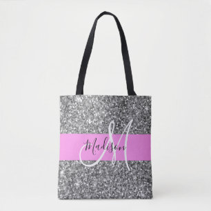 Glam Pink & Silver Glitzer Glitzern Monogramm Name Tasche