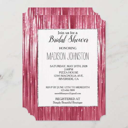 Glam Pink Sparkle Streifen Brautparty Einladung (Vorne/Hinten)