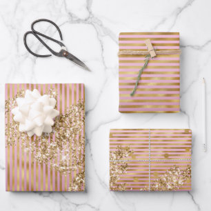 Glam Pink Streifen Glitzer Confetti Geschenkpapier Set