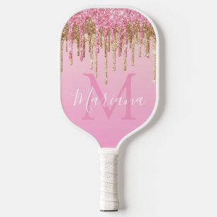 Glam Pink Tröpfchen-Gold-Glitter Personalized Pickleball Schläger
