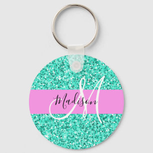 Glam Pink Türkis Glitter Funkeln Monogramm Name Schlüsselanhänger