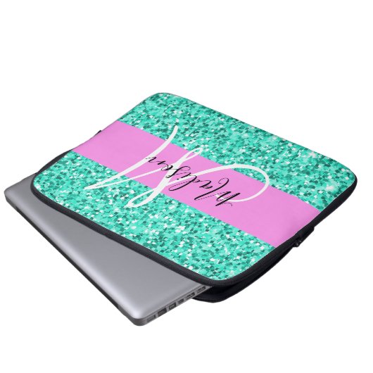 Glam Pink Türkis Glitzer Glitzern Monogram Name Laptopschutzhülle (Vorne Knopf)