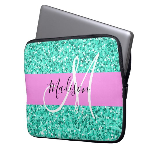 Glam Pink Türkis Glitzer Glitzern Monogram Name Laptopschutzhülle (Vorderseite Links)