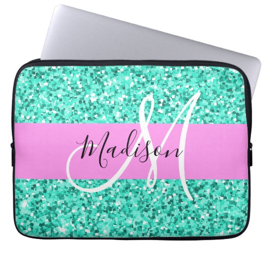 Glam Pink Türkis Glitzer Glitzern Monogram Name Laptopschutzhülle (Vorderseite)