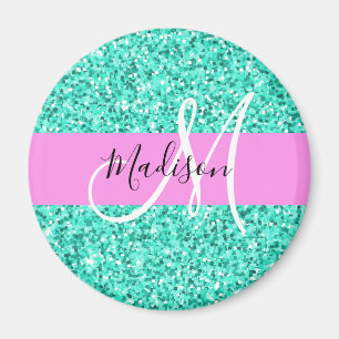 Glam Pink Türkis Glitzer Glitzern Monogram Name Magnet