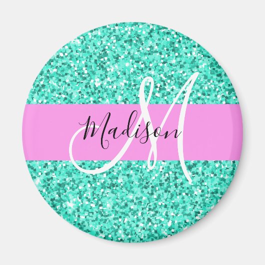 Glam Pink Türkis Glitzer Glitzern Monogram Name Magnet (Vorne)