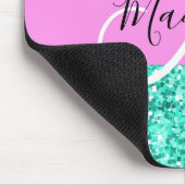 Glam Pink Türkis Glitzer Glitzern Monogram Name Mousepad (Ecke)