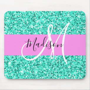 Glam Pink Türkis Glitzer Glitzern Monogram Name Mousepad