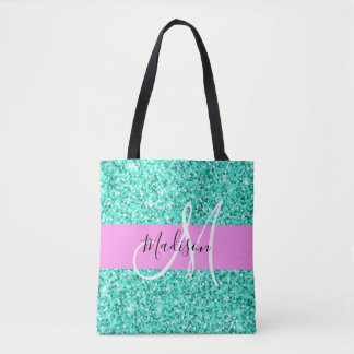 Glam Pink Türkis Glitzer Glitzern Monogram Name Tasche