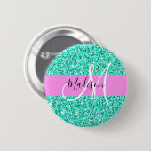 Glam Pink und Aqua Glitzer Glitzern Monogram Name Button (Vorne & Hinten)