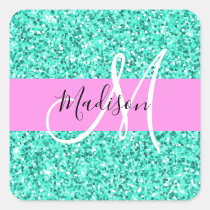Glam Pink und Aqua Glitzer Glitzern Monogram Name Quadratischer Aufkleber
