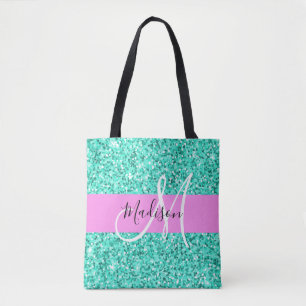 Glam Pink und Aqua Glitzer Glitzern Monogram Name Tasche