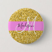 Glam Pink und Gold Glitzer Glitzern Monogram Name Button (Vorderseite)