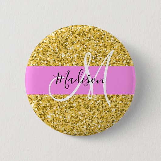 Glam Pink und Gold Glitzer Glitzern Monogram Name Button (Vorderseite)