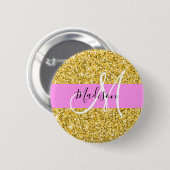 Glam Pink und Gold Glitzer Glitzern Monogram Name Button (Vorne & Hinten)