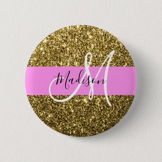 Glam Pink und Gold Glitzer Glitzern Monogram Name Button (Vorderseite)