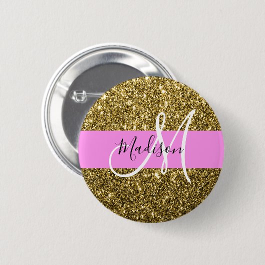 Glam Pink und Gold Glitzer Glitzern Monogram Name Button (Vorne & Hinten)