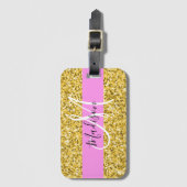 Glam Pink und Gold Glitzer Glitzern Monogram Name Gepäckanhänger (Vorderseite Vertikal)