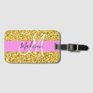 Glam Pink und Gold Glitzer Glitzern Monogram Name Gepäckanhänger