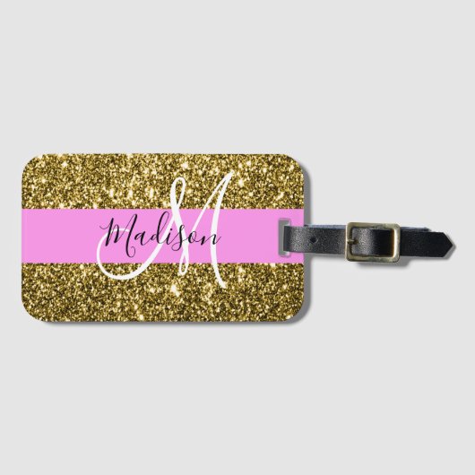 Glam Pink und Gold Glitzer Glitzern Monogram Name Gepäckanhänger (Vorderseite (Horizontal))