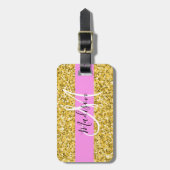 Glam Pink und Gold Glitzer Glitzern Monogram Name Gepäckanhänger (Vorderseite vertikal)