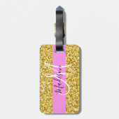 Glam Pink und Gold Glitzer Glitzern Monogram Name Gepäckanhänger (Rückseite vertikal)