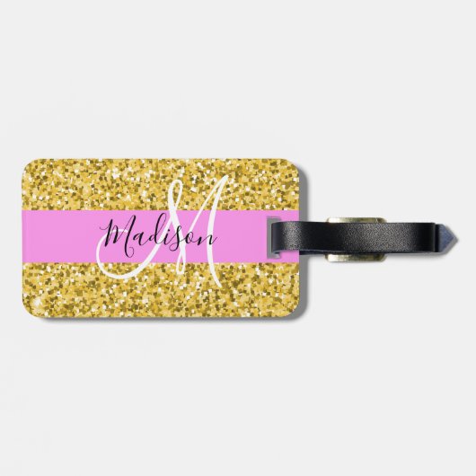Glam Pink und Gold Glitzer Glitzern Monogram Name Gepäckanhänger (Rückseite horizontal)