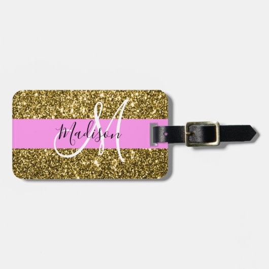Glam Pink und Gold Glitzer Glitzern Monogram Name Gepäckanhänger (Vorderseite horizontal)