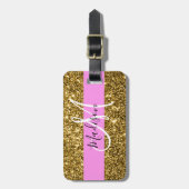 Glam Pink und Gold Glitzer Glitzern Monogram Name Gepäckanhänger (Vorderseite vertikal)