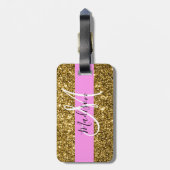 Glam Pink und Gold Glitzer Glitzern Monogram Name Gepäckanhänger (Rückseite vertikal)