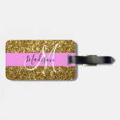 Glam Pink und Gold Glitzer Glitzern Monogram Name Gepäckanhänger (Rückseite horizontal)