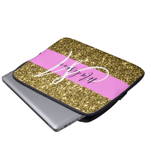 Glam Pink und Gold Glitzer Glitzern Monogram Name Laptopschutzhülle (Vorne Knopf)
