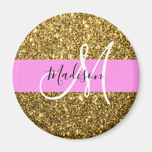 Glam Pink und Gold Glitzer Glitzern Monogram Name Magnet