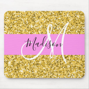 Glam Pink und Gold Glitzer Glitzern Monogram Name Mousepad