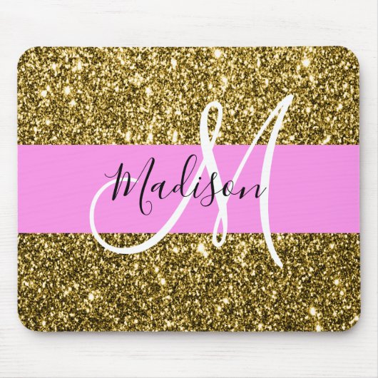 Glam Pink und Gold Glitzer Glitzern Monogram Name Mousepad (Vorne)