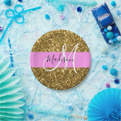 Glam Pink und Gold Glitzer Glitzern Monogram Name Pappteller (Party)