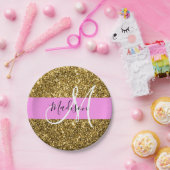 Glam Pink und Gold Glitzer Glitzern Monogram Name Pappteller (Party)