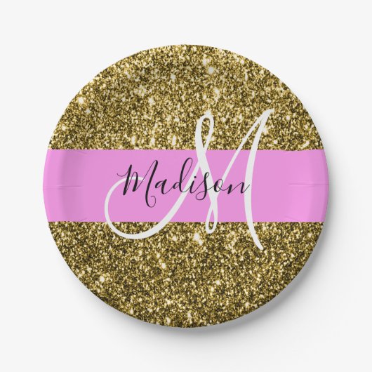 Glam Pink und Gold Glitzer Glitzern Monogram Name Pappteller (Vorderseite)