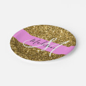 Glam Pink und Gold Glitzer Glitzern Monogram Name Pappteller (Schrägansicht)