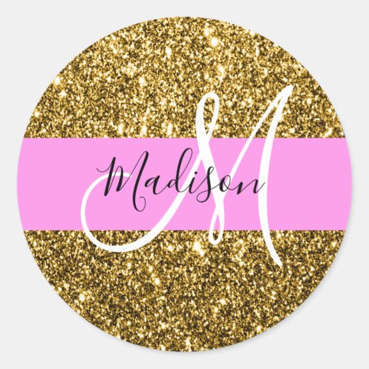 Glam Pink und Gold Glitzer Glitzern Monogram Name Runder Aufkleber (Vorderseite)